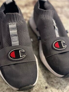 Champion Kids Slip-On Sneakers in Charcoal Gray with Red Logo